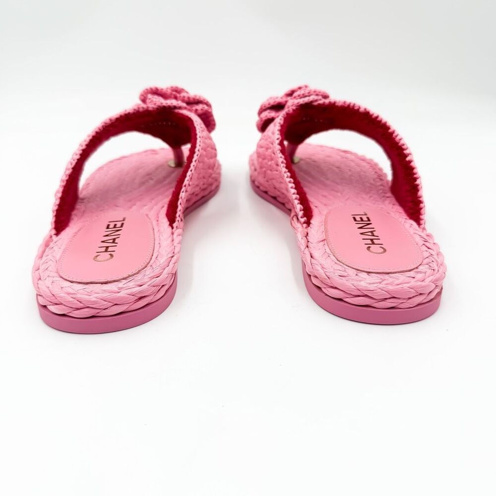 Chanel CC Raffia Camellia Flower Flat Sandals EU 37.5 - Picture 6 of 14